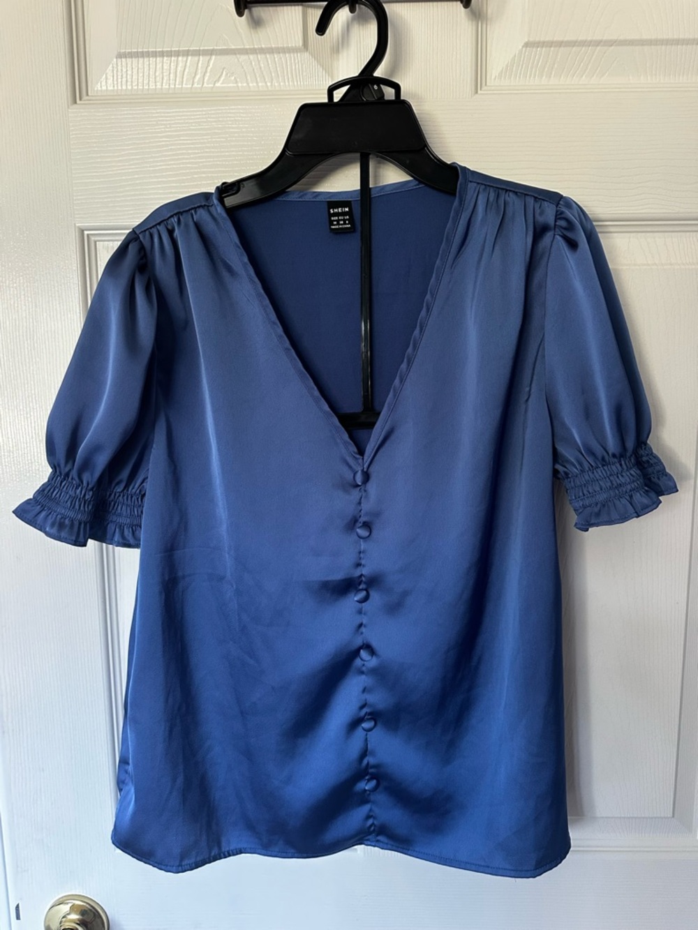 SHEIN Rich Blue Satin V-Neck 5 Button-Front Puff Sleeve Blouse, Med, 38, us6